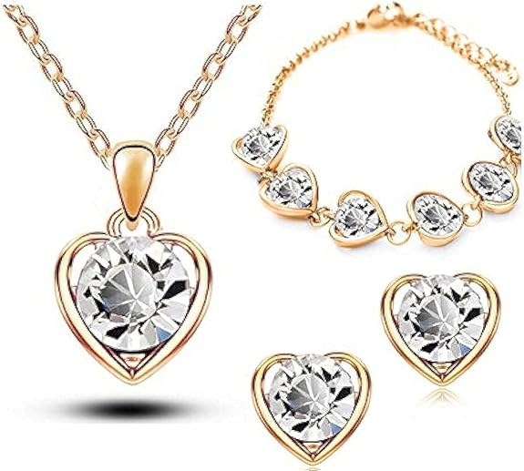 طقم إكسسوارات نسائي مطلي ذهب عيار 18 بشكل قلب مع كريستال لامع – هدية أنيقة للنساء